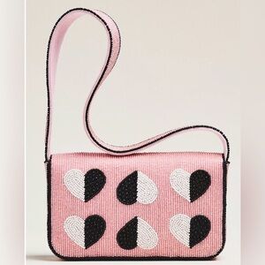 Anthropologie Pink and Black Beaded Bag Fiona icon collection nwt hearts